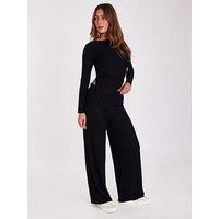Quiz Women's Black Ribbed Wide Leg Trousers | Size: 10