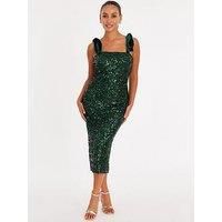 Quiz Women's Green Petite Sequin Bow Detail Midaxi Dress | Size: 10
