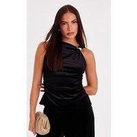 Quiz Women's Black Velvet Buckle Shoulder Top | Size: 14