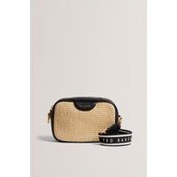 BARDAS Webbing Faux Raffia Camera Crossbody Bag Black
