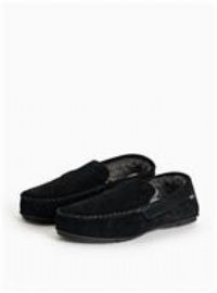 totes Black Suede Faux Fur Lined Moccasin Slippers 11