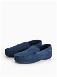 totes Navy Suede Faux Fur Lined Moccasin Slippers 12