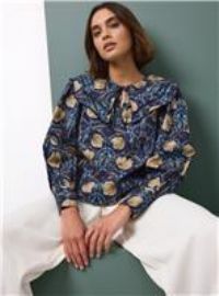 Tu x Morris & Co. Navy Pimpernel Print Poplin Cape Blouse 16
