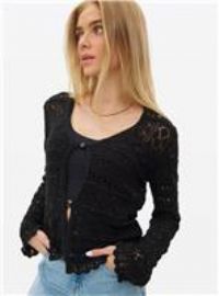 Black Pointelle Scallop Trim Cardigan 14
