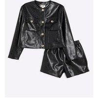 River Island Girls Faux Leather Trophy Jacket Set - Black
