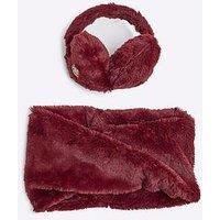 River Island Older Girl Faux Fur Ear Muff Hat And Snood Set - Red