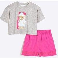 River Island Girls Satin Mix Teddy Pyjamas Set - Pink
