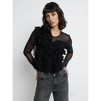 River Island Womens Bodysuit Black Mesh Frill Long Sleeve Crew Neck Outfit