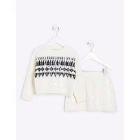 River Island Mini Mini Girl Sequin Fairisle Christmas Jumper Skirt Set - Cream