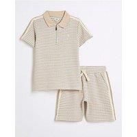 River Island Boys Taped Polo Shirt Set - Stone - Beige