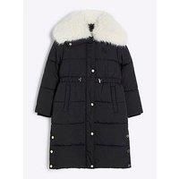 River Island Older Girls Faux Fur Collar Padded Coat - Black