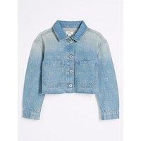 River Island Girls Rhinestone Denim Heart Jacket - Mid Blue