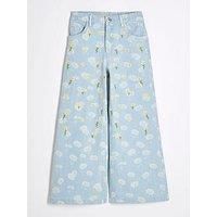 River Island Older Girls Denim Daisy Floral Wide Leg Jeans - Blue