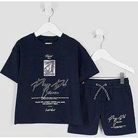 River Island Mini Boy Palm Tree Patch T-Shirt And Shorts Set - Navy