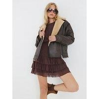 River Island Borg Lined Aviator Jacket - Brown