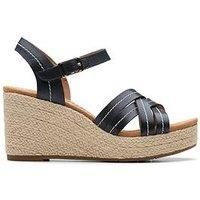 Clarks Wide Fit Sabina Strap Leather Wedges - Black