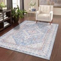 Vernal Senglea Machine washable, Non Shedding, Non Slip Area Rug for Living Room, Bedroom, Dining Room, Hallway, Kitchen, Pet Friendly, Light Blue, Burnt Orange & Cream, 150 cm x 210 cm