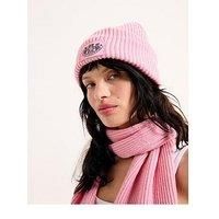 Boxed Chunky Knit Beanie And Scarf Set With Dog Crest Woven Badge Branding Juicy Pink