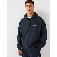 Lyle & Scott Script Brushback Heavyweight Relaxed Pullover Hoodie- Navy