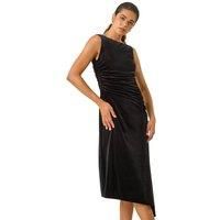 Roman Velvet Side Ruched Stretch Midi Dress in Black 12 female