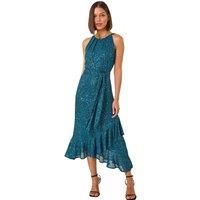 Roman Originals Women Halter Neck Frill Midi Dress - Ladies Special Occasion Evening Party Wedding Guest Print Ruffle Detail Sleeveless Round Neck Dresses - Teal - Size 18