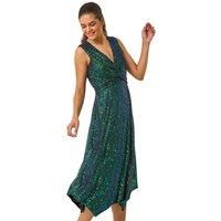 Roman Originals Sequin Wrap Twist Front Midi Dress for Women UK - Ladies Everyday Autumn Winter V-Neckline Comfy Soft Evening Vacation Work Party Night Out - Green - Size 16