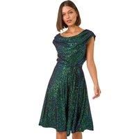 Roman Sequin Cowl Neck Stretch Midi Dress in Green - Size 18 18 female