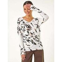 Roman V-Neck Animal Print Knit Jumper 12 female