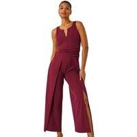 Roman Ruched Front Crossover Jumpsuit for Women UK - Ladies Autumn Everyday Winter Holiday Keyhole Neckline Comfy Sleeveless Soft Full Length Dinner Date Playsuits - Wine - Size 20