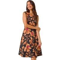 Roman Originals Floral Printed Fit & Flare Dress for Women UK - Ladies Everyday Autumn Winter V-Neckline Comfy Soft Evening Vacation Work Party Night Out - Beige - Size 18