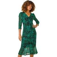 Roman Originals Printed Mesh Midi Dress for Women UK - Ladies Everyday Autumn Winter V-Neckline Comfy Soft Evening Vacation Work Party Night Out - Green - Size 14