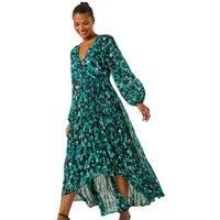 Roman Originals Abstract Print Wrap Front Pleated Maxi Dress for Women UK - Ladies Everyday Autumn Winter V-Neckline Comfy Soft Evening Vacation Work Party Night Out - Teal - Size 12