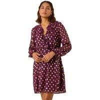 Roman Foil Print V-Neck Fit & Flare Ruffle Dress in Wine 14 female