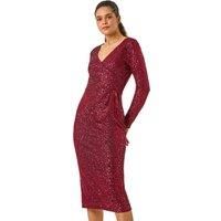 Roman Sequin Front Wrap Midi Stretch Dress 20 female