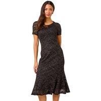 Roman Originals Floral Lace Overlay Dress for Women UK - Ladies Luxury Ball Gown Shift Midi Lined Knee Length Stretch Formal Wedding Guest Party Evening - Noir - Size 12