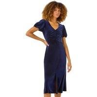 Roman Originals Velvet Ruched Bodycon Midi Dress for Women UK - Ladies Everyday Autumn Winter V-Neckline Comfy Soft Evening Vacation Work Party Night Out - Navy - Size 12