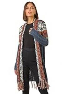 Roman Originals Women Cardigan - Ladies Longline Coatigan Tassel Open Front Cardi Winter Autumn Casual Textured Edge to Edge Yarn Patterned Comfy Work Going Out - Denim Multi - Size 14