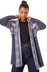Roman Originals Women Cardigan - Ladies Longline Coatigan Tassel Open Front Cardi Winter Autumn Casual Textured Edge to Edge Yarn Patterned Comfy Work Going Out - Denim Pink - Size 10