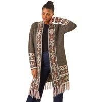 Roman Originals Women Cardigan - Ladies Longline Coatigan Tassel Open Front Cardi Winter Autumn Casual Textured Edge to Edge Yarn Patterned Comfy Work Going Out - Green Multi - Size 20
