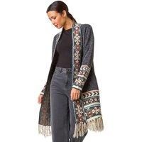 Roman Originals Women Cardigan - Ladies Longline Coatigan Tassel Open Front Cardi Winter Autumn Casual Textured Edge to Edge Yarn Patterned Comfy Work Going Out - Grey Multi - Size 14