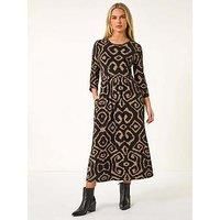 Roman Women's Petite Geo Print Gathered Midi Dress in Camel | Size: 16