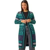 Roman Originals Women Cardigan - Ladies Longline Coatigan Tassel Open Front Cardi Winter Autumn Casual Textured Edge to Edge Yarn Patterned Comfy Work Going Out - Teal White Noir - Size 10