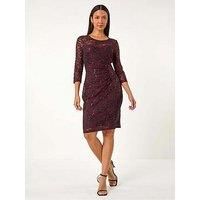 Roman Women's Sequin Lace Ruched Stretch Dress in Wine | Size: 14