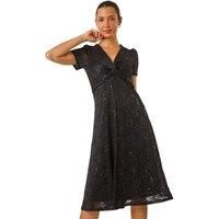 Roman Originals Sequin Lace Twist Front Midi Dress for Women UK - Ladies Everyday Autumn Winter V-Neckline Comfy Soft Evening Vacation Work Party Night Out - Black - Size 18