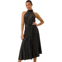Roman Originals Velvet Halter Neck Ruffle Hem Midi Dress for Women UK - Ladies Everyday Autumn Winter Comfy Soft Evening Vacation Work Party Night Out - Black - Size 18
