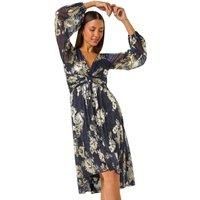 Roman Originals Fit and Flare Dress for Women - Ladies Chest Knot Ruched Tea Skater V-Neck Formal Occasion Wedding Guest Smart Casual Everyday Wear Swing Midi Knee Length - Noir Multi - Size 10