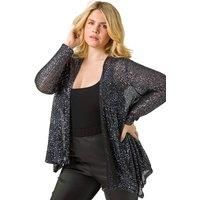 Roman Curve Sequin Waterfall Front Cardigan for Women UK - Ladies Everyday Autumn Winter Comfy Soft Evening Vacation Work Party Night Out - Pewter Plus - Size 20