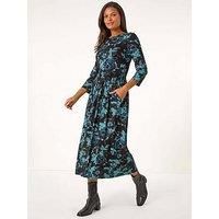 Roman Women's Floral Print Gathered Stretch Midi Dress in Blue | Size: 18