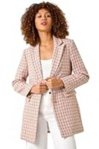 Roman Originals Tailored Longline Boucle Jacket for Women UK - Ladies Everyday Holiday Spring Summer Long Sleeve Comfy Soft Evening Vacation Work Party - Pink Ivory - Size 18
