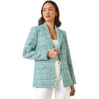 Roman Check Frayed Edge Boucle Button Jacket in Green 14 female